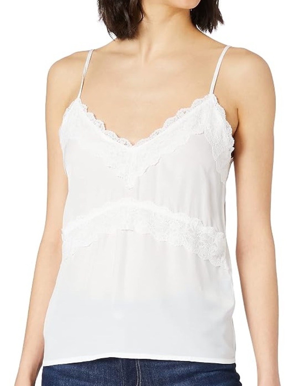 VILA Ivory Lace-Trim Satin Top